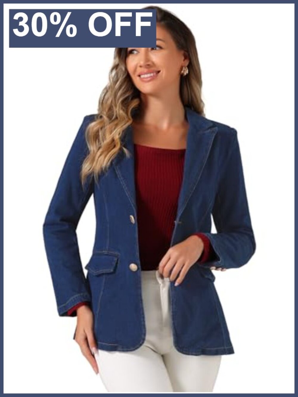 Denim Blazer Notched Lapel Single Breasted Flap Pockets Business Casual Work